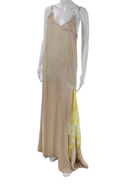 Rabens Saloner Women Maxi Bohemian Beige V Neck Sleeveless Viscose Dress Size M