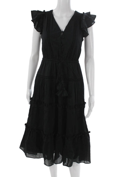 J Crew Womens Black Cotton V-Neck Sundress Mid-Calf Button Size 00