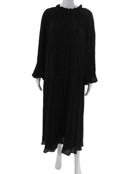 Zara Women Black Maxi Dress High Neck Long Sleeve Tie Waist Polyester Size XS