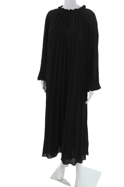 Zara Women Black Maxi Dress High Neck Long Sleeve Tie Waist Polyester Size XS
