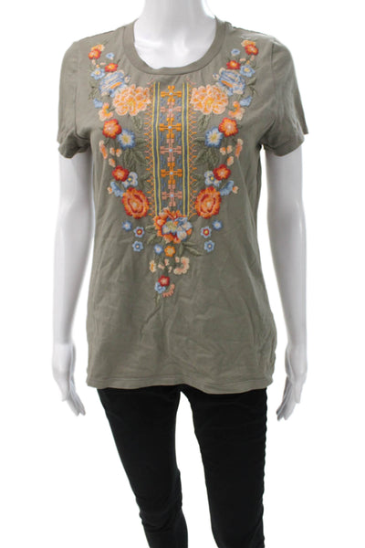 Driftwood Womens Basic Floral Green Cotton T-Shirt Short Sleeve Size XS