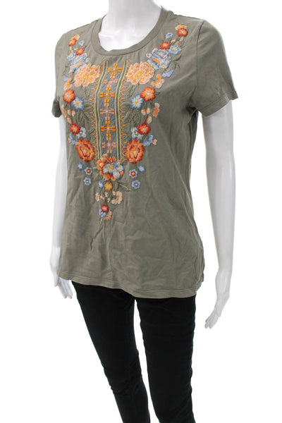 Driftwood Womens Basic Floral Green Cotton T-Shirt Short Sleeve Size XS