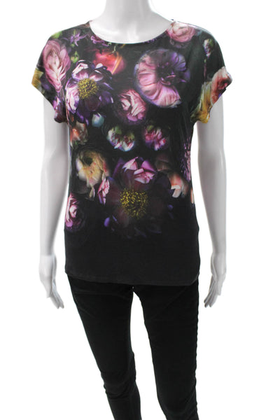 Ted Baker London Women Black Floral Lyocell Basic T-Shirt Short Sleeve Size 0
