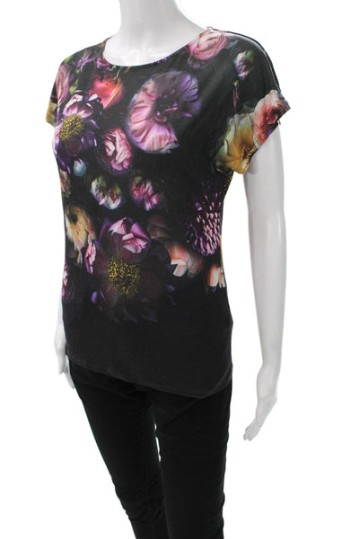 Ted Baker London Women Black Floral Lyocell Basic T-Shirt Short Sleeve Size 0