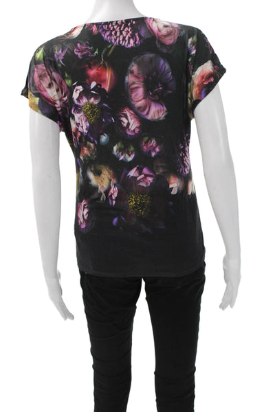 Ted Baker London Women Black Floral Lyocell Basic T-Shirt Short Sleeve Size 0