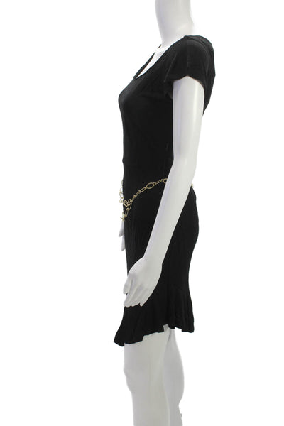 La Rok Women Black Mini Dress Scoop Neck Short Sleeve Rayon Zip Size S