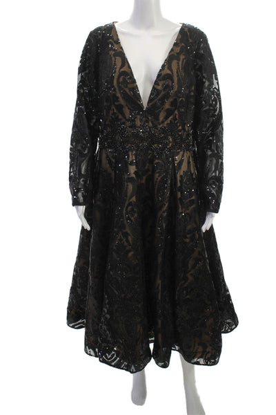 Mac Duggal Womens Fit&Flare Paisley Black VNeck Long Sleeve Maxi Dress Size 16