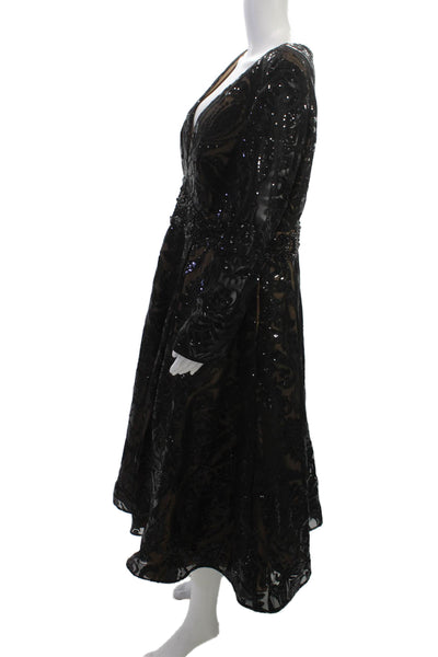 Mac Duggal Womens Fit&Flare Paisley Black VNeck Long Sleeve Maxi Dress Size 16