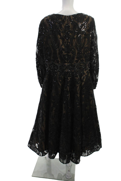 Mac Duggal Womens Fit&Flare Paisley Black VNeck Long Sleeve Maxi Dress Size 16