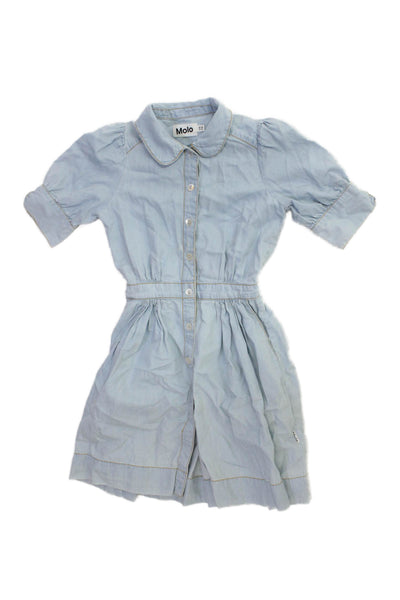 Molo Girls Cotton Collar Short Sleeve Button Down Shift Dress Blue Size 6