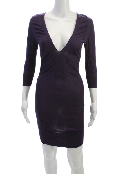 Autumn Cashmere Womens Sweater Dress Purple V-Neck 3/4 Sleeve Size S