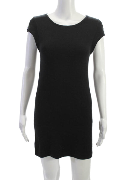 Isla Women Black Wool Mini Dress Short Sleeve Round Neck Pullover Size M