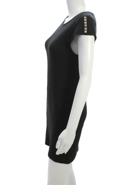 Isla Women Black Wool Mini Dress Short Sleeve Round Neck Pullover Size M