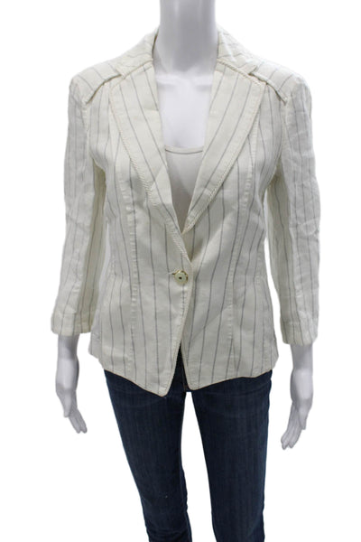 Les Copains Women Striped Linen Blazer White 3/4 Sleeve Button Nautical Size 4