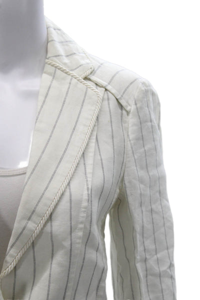 Les Copains Women Striped Linen Blazer White 3/4 Sleeve Button Nautical Size 4
