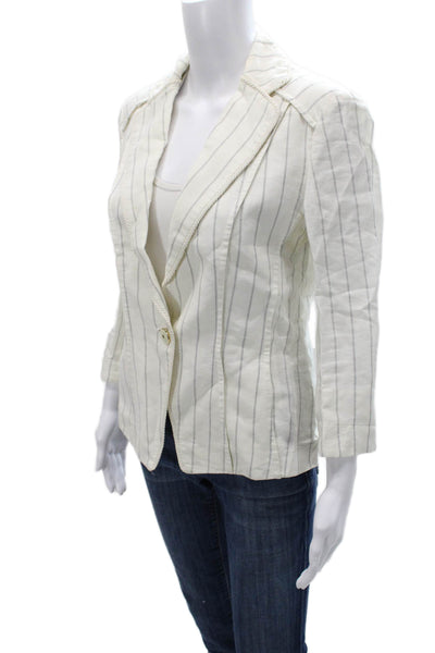 Les Copains Women Striped Linen Blazer White 3/4 Sleeve Button Nautical Size 4