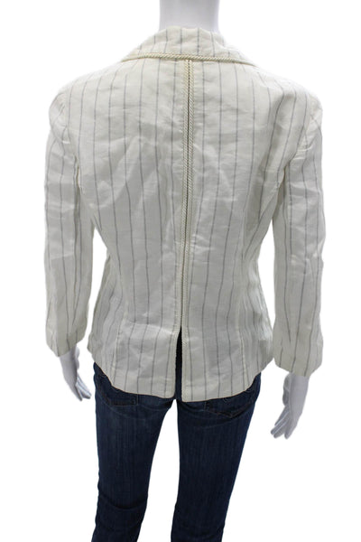 Les Copains Women Striped Linen Blazer White 3/4 Sleeve Button Nautical Size 4