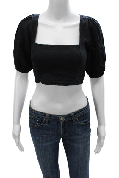 Reformation Women Cropped Linen Square Neck Black Short Sleeve Blouse Size 4