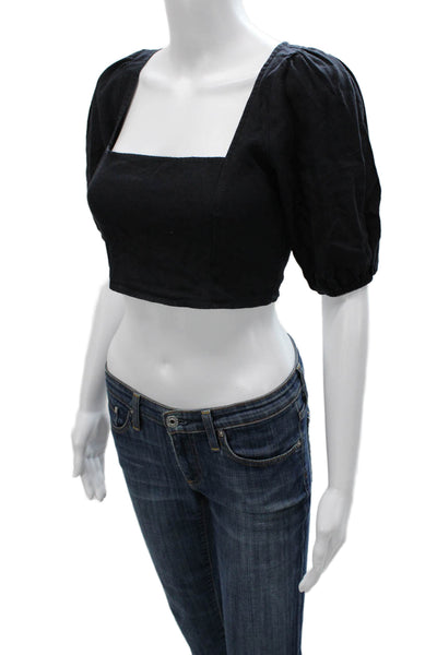 Reformation Women Cropped Linen Square Neck Black Short Sleeve Blouse Size 4