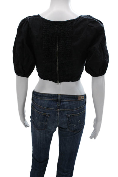 Reformation Women Cropped Linen Square Neck Black Short Sleeve Blouse Size 4
