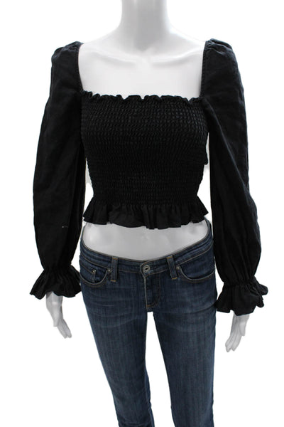 Reformation Womens Cropped Linen Square Neck Blouse Black Long Sleeve Size S