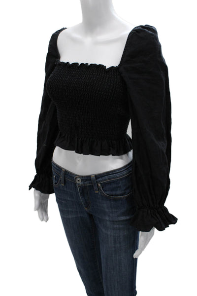 Reformation Womens Cropped Linen Square Neck Blouse Black Long Sleeve Size S