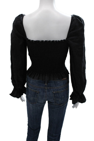 Reformation Womens Cropped Linen Square Neck Blouse Black Long Sleeve Size S