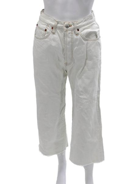 Re/Done Women Cropped High Waist White Jeans Button 100% Cotton Size 27