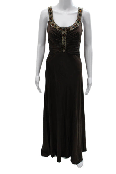 Badgley Mischka Womens Maxi Dress Brown Silk Sleeveless Size 8