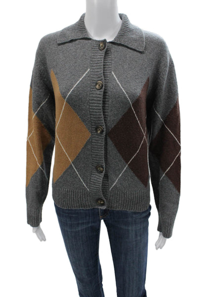 Central Park West Women Multicolor Argyle Collared Long Sleeve Cardigan Size S