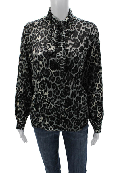 Absolu Womens Black Animal Print Collared Long Sleeve Blouse Size S