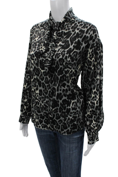 Absolu Womens Black Animal Print Collared Long Sleeve Blouse Size S