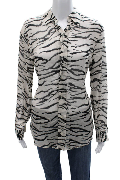 Lavender Brown Women Ivory Zebra Rayon Collared Long Sleeve Button-Up Size M