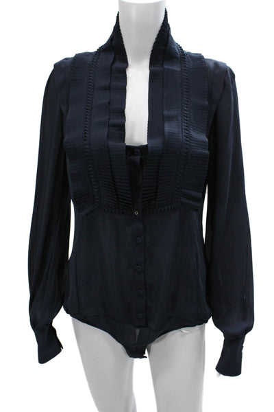 Pinko Womens Basic Blue High Neck Long Sleeve Blouse Polyester Button Size 8