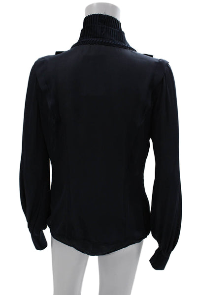 Pinko Womens Basic Blue High Neck Long Sleeve Blouse Polyester Button Size 8