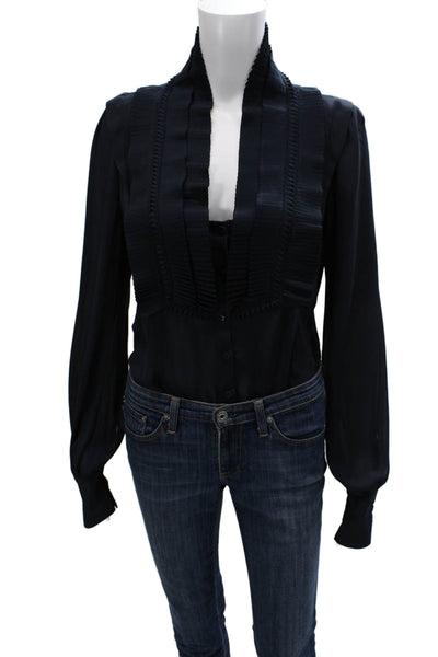Pinko Womens Basic Blue High Neck Long Sleeve Blouse Polyester Button Size 8