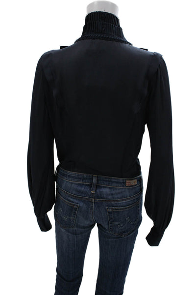 Pinko Womens Basic Blue High Neck Long Sleeve Blouse Polyester Button Size 8