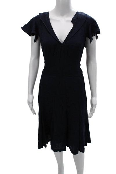 Zac Posen Womens Fit & Flare Silk V-Neck Mid Calf Dress Blue Size 12