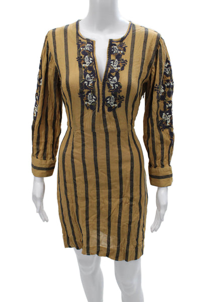Antik Batik Womens Mini Dress Beige Striped V-Neck Long Sleeve Cotton Size M