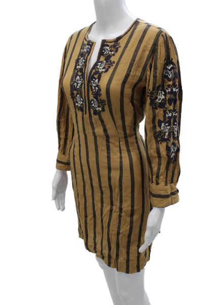 Antik Batik Womens Mini Dress Beige Striped V-Neck Long Sleeve Cotton Size M