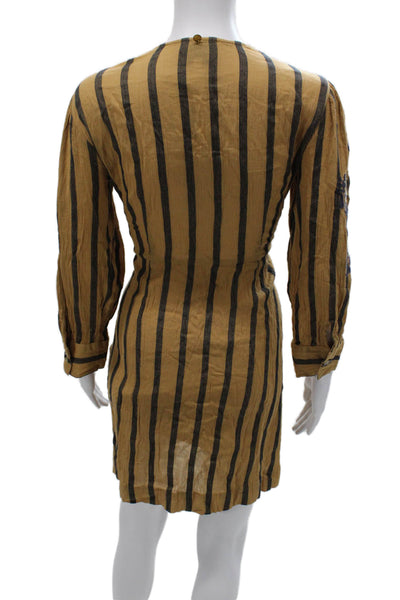 Antik Batik Womens Mini Dress Beige Striped V-Neck Long Sleeve Cotton Size M