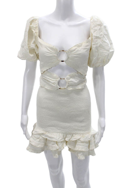 V. Chapman Womens Boho Linen Sweetheart Mini Dress Ivory Short Sleeve Size XS