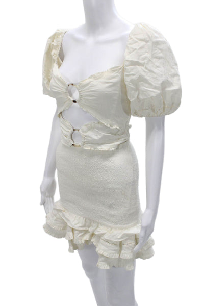 V. Chapman Womens Boho Linen Sweetheart Mini Dress Ivory Short Sleeve Size XS