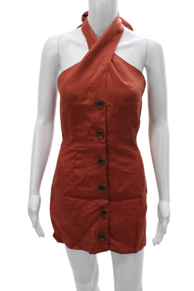 Matthew Bruch Women Mini Halter Sleeveless Button Linen Dress Orange Size 1