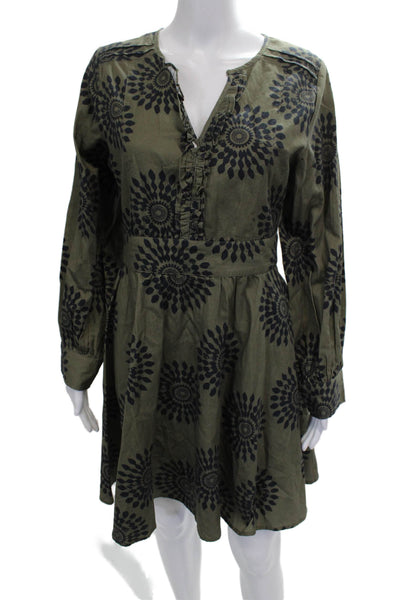 Designer Women Fit & Flare Dress Green Cotton V Neck Long Sleeve Size S