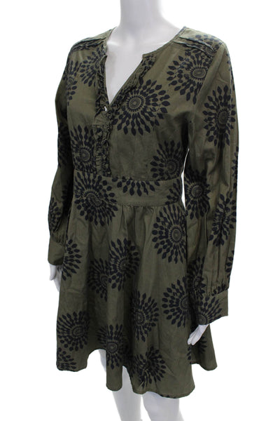 Designer Women Fit & Flare Dress Green Cotton V Neck Long Sleeve Size S