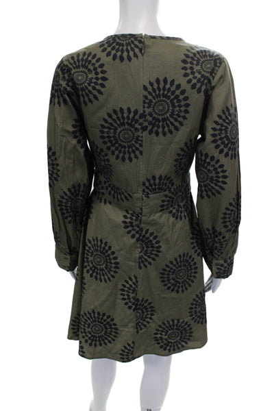 Designer Women Fit & Flare Dress Green Cotton V Neck Long Sleeve Size S