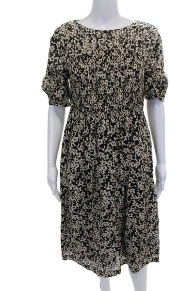 Rebecca Taylor Women Beige Floral Cotton Sundress Short Sleeve Mid-Calf Size S