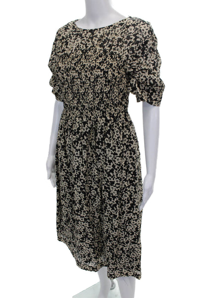 Rebecca Taylor Women Beige Floral Cotton Sundress Short Sleeve Mid-Calf Size S