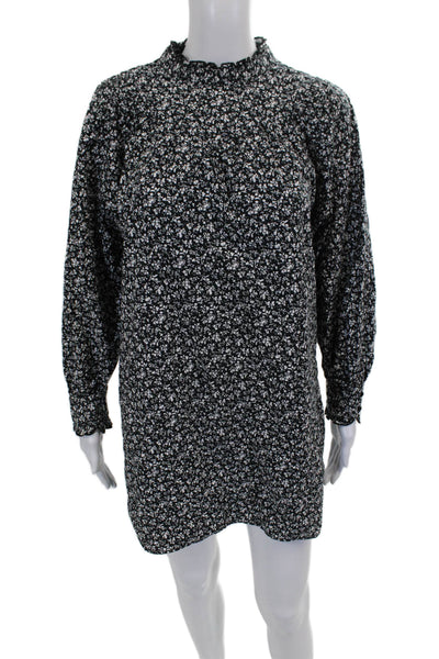 Zara Womens Black Floral Mini Dress High Neck Long Sleeve Cotton Button Size XS